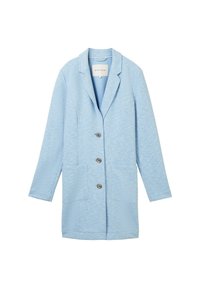 Light blue blazer jacket, made from a textured fabric, featuring a notched lapel, three button closure, and two front patch pockets.