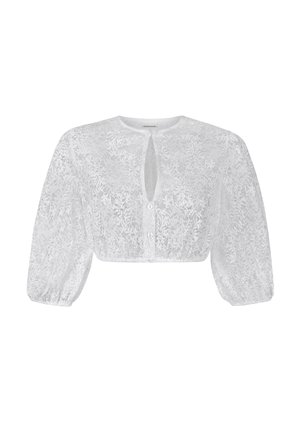 Weiße Spitzen-Cropped-Bluse mit aufgebauschten Dreiviertelärmeln, Schlüsselloch-Ausschnitt und vorderer Knopfleiste.