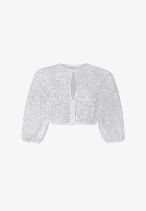 Weiße Spitzen-Cropped-Bluse mit aufgebauschten Dreiviertelärmeln, Schlüsselloch-Ausschnitt und vorderer Knopfleiste.
