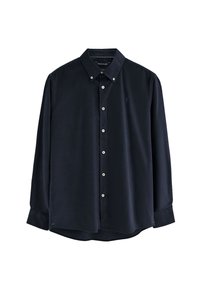Camicia blu navy con bottoni, realizzata in un tessuto morbido, caratterizzata da un colletto classico, maniche lunghe e un logo discreto sulla parte sinistra del petto.