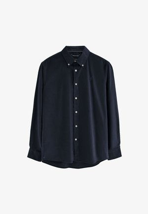 Navy button-up shirt made of soft fabric, featuring a classic collar, long sleeves, and a subtle logo accent on the left chest.