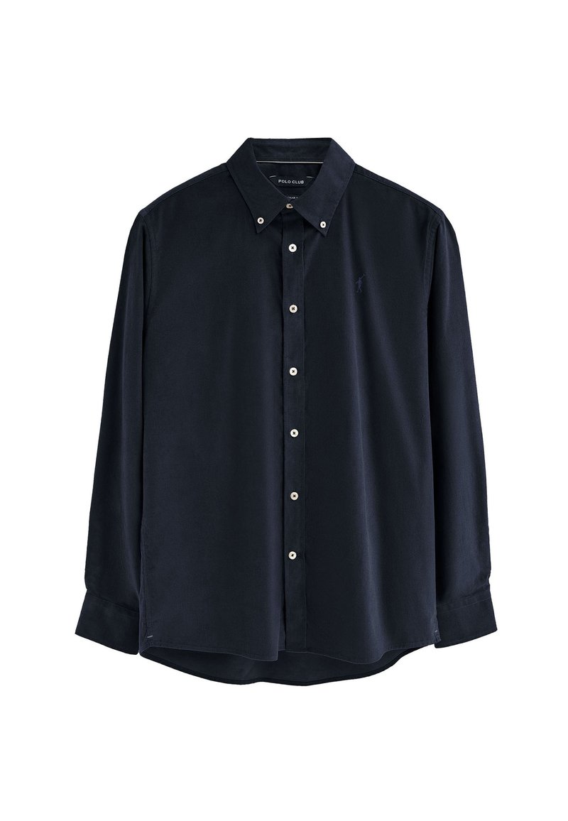 Camicia blu navy con bottoni, realizzata in un tessuto morbido, caratterizzata da un colletto classico, maniche lunghe e un logo discreto sulla parte sinistra del petto.