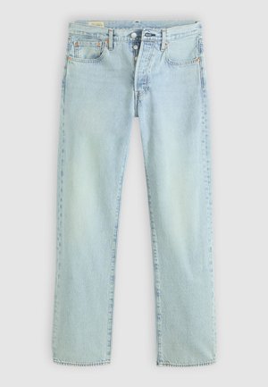 Jean en denim bleu clair à jambes droites avec braguette à boutons, poches avant et arrière, et coutures visibles sur fond neutre.