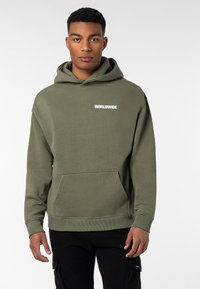 Olive green hooded sweatshirt with "WORLDWIDE" printed in white on the chest, featuring a front pocket and ribbed cuffs and hem.