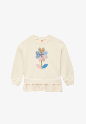 Kermanne sweatshirt, jossa on sininen, vaaleanpunainen ja kultainen kukkakoriste, ja kerroksellinen rypytetty helma. Pehmeä kangas ja pitkät hihat.