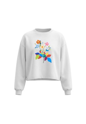 Hvid langærmet sweatshirt med ribkanter og farverigt broderet blomsterdesign med orange, blå, pink blomster og flerfarvede blade.