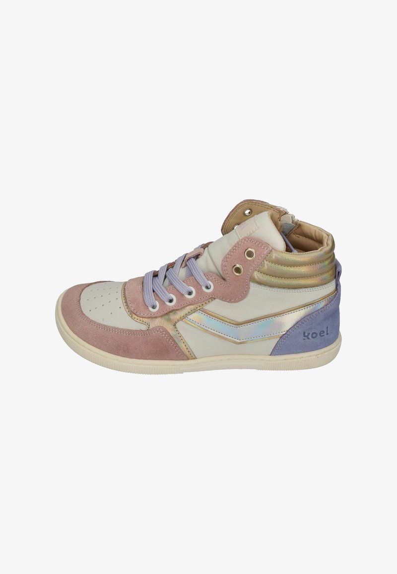 High-top sneaker with white sole, beige leather, pink suede, iridescent accents, purple laces, and "Koel" logo on the purple heel panel.