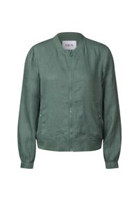 Chaqueta bomber verde con escote redondo, cierre de cremallera, mangas largas, puños elásticos y bolsillos laterales. Hecha de tela ligera.