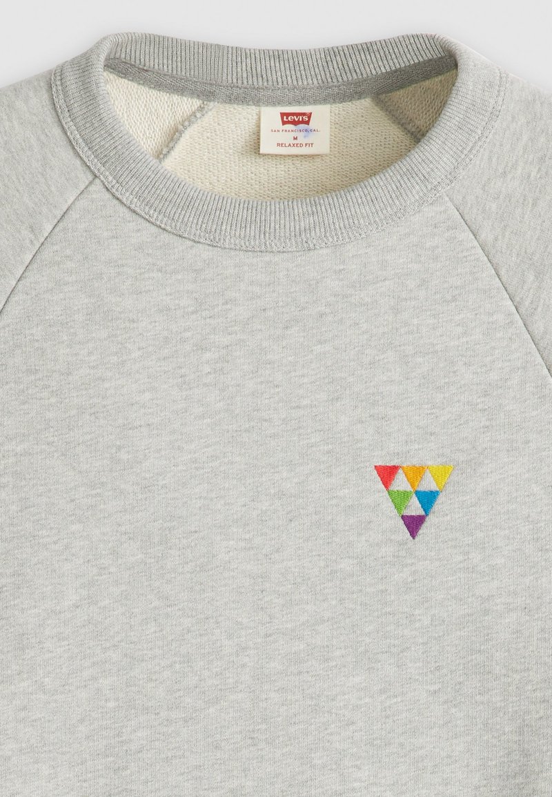 Sudadera gris hecha de un material suave, con un escote redondo, mangas raglán y un logo de triángulo multicolor en el pecho.