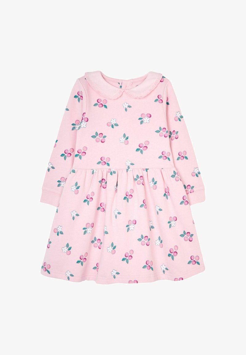 Vestido de manga larga rosa con estampado de flores y bayas. Tejido suave, cuello redondeado y falda fruncida para una silueta acampanada.