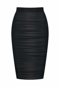 Schwarzer Bleistiftrock aus strukturiertem, gerafftem Stoff. Er verfügt über eine hohe Taille und eine figurbetonte Silhouette mit glatter Oberfläche.