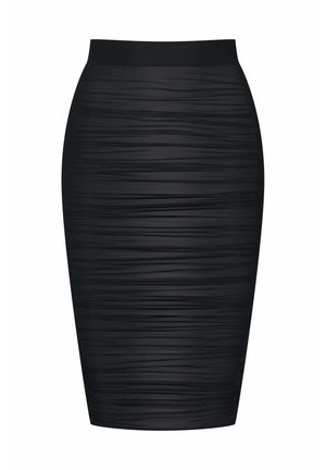 Schwarzer Bleistiftrock aus strukturiertem, gerafftem Stoff. Er verfügt über eine hohe Taille und eine figurbetonte Silhouette mit glatter Oberfläche.
