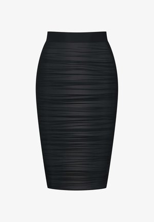 Jupe crayon noire en tissu texturé et froncé. Dotée d'une taille haute et d'une silhouette ajustée avec une finition lisse.