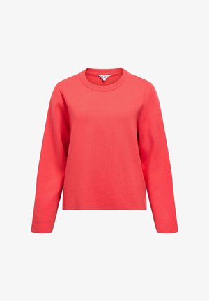 Korálový svetr s dlouhým rukávem a kulatým výstřihem, vyrobený z měkké látky. Má volný střih a jednoduchý design bez viditelných vzorů či ozdob.