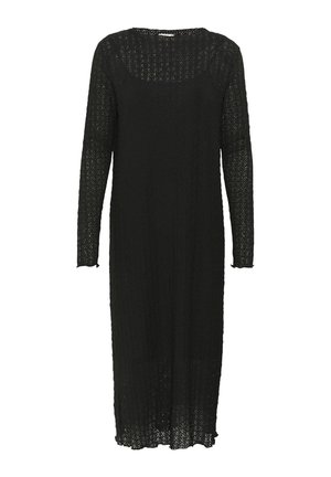 Schwarz gestricktes Kleid mit langen Ärmeln, das ein offenes Webmuster, einen runden Ausschnitt und einen geraden Schnitt aufweist, der bis zur Mitte der Waden reicht.