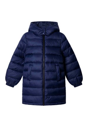 Marineblaue gepolsterte lange Jacke mit Kapuze, Frontreißverschluss, elastischen Bündchen und zwei Seitentaschen.