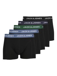 Confezione di cinque boxer in nero, verde, blu e blu navy con cinturini elastici che presentano il logo "JACK & JONES". Materiale in cotone, texture liscia.