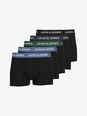 Zestaw pięciu bokserków w kolorach czarnym, zielonym, niebieskim i granatowym z elastycznymi paskami w talii z logo "JACK & JONES". Materiał bawełniany, gładka faktura.