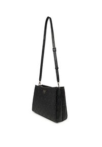 Borsa nera realizzata in pelle texturizzata, con una superficie liscia, tracolla regolabile e motivo logo in rilievo sulla parte esterna.