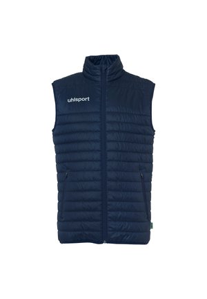 Marineblauw gewatteerd mouwloos vest met ritssluiting aan de voorkant, twee met rits afsluitbare zakken, hoge kraag en het "uhlsport"-logo op de linkerborst.