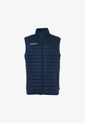 Marineblauw gewatteerd mouwloos vest met ritssluiting aan de voorkant, twee met rits afsluitbare zakken, hoge kraag en het "uhlsport"-logo op de linkerborst.