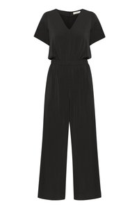 Svart jumpsuit med korta ärmar, V-ringning, elastisk midja och vida byxor. Tillverkad av mjukt tyg som erbjuder en slät yta.