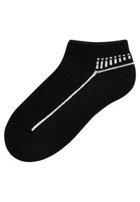 Schwarze Knöchelsocke mit einem weißen Streifendesign, aus glattem Material gefertigt, mit verstärktem Fersen- und Zehenbereich für zusätzliche Haltbarkeit.