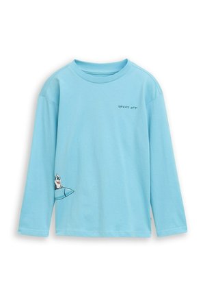 Himmelblaues Langarm-T-Shirt aus Baumwolle. Mit dem Text "SPEED OFF" und einer Illustration eines Cartoon-Charakters auf dem Ärmel.