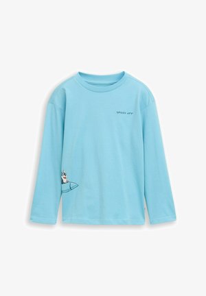 Himmelblaues Langarm-T-Shirt aus Baumwolle. Mit dem Text "SPEED OFF" und einer Illustration eines Cartoon-Charakters auf dem Ärmel.