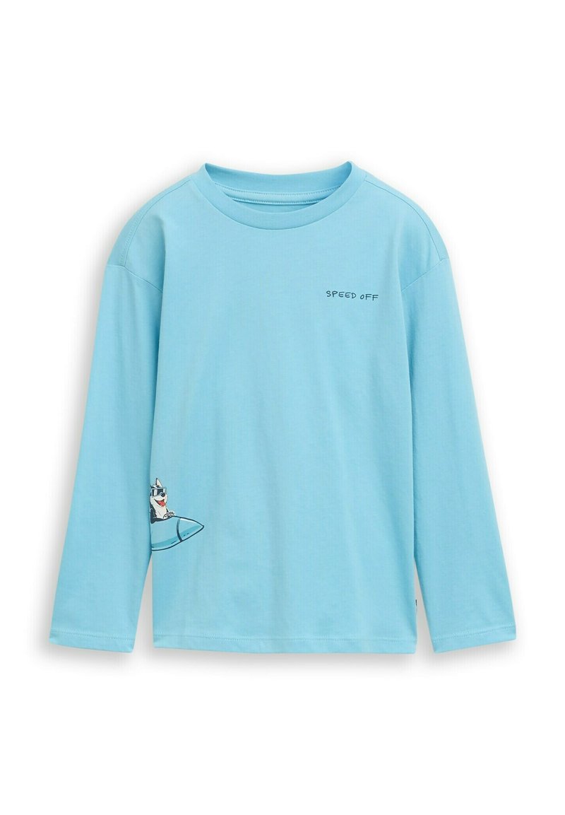 Light blue long-sleeve t-shirt made of cotton. Features "SPEED OFF" text and an illustration of a cartoon character on the sleeve.