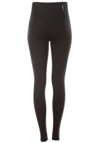 Schwarze Leggings aus dehnbarem Stoff, mit einem hohen Bund, glatter Textur und ohne sichtbare Muster oder Akzente.