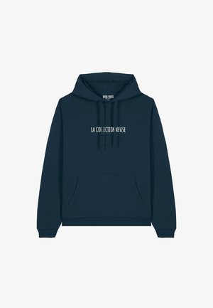 Felpa blu navy con corde, tasca frontale e testo bianco "LA COLLEC.TION NEUSE" stampato sul petto. Realizzata in tessuto morbido.