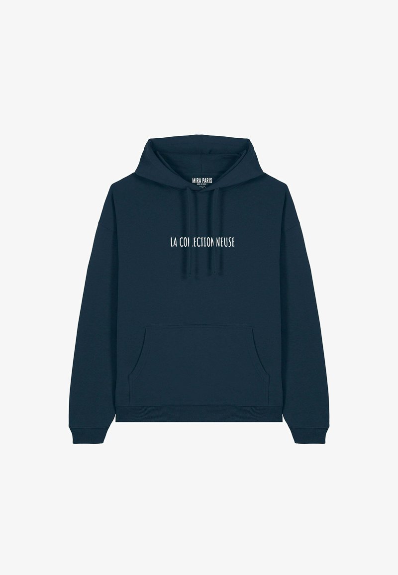 Felpa blu navy con corde, tasca frontale e testo bianco "LA COLLEC.TION NEUSE" stampato sul petto. Realizzata in tessuto morbido.