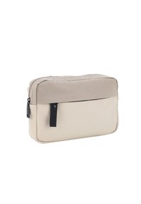 Beige rektangulär väska med en strukturerad topp, slät kropp, svart dragkedja och accentflik. Tillverkad av hållbara material, lämplig för förvaring.