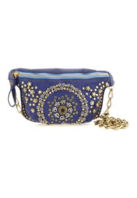 Borsa in pelle blu navy con dettagli intricati in perline dorate e argentate, caratterizzata da un motivo circolare e una tracolla a catena, apertura con zip.
