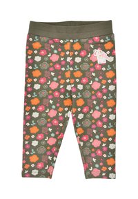 Blumige Leggings aus olivgrünem Baumwollstoff, mit rosa, orange und weißen Blumen, geripptem Bund und kleinen Elefanten-Patch-Details.