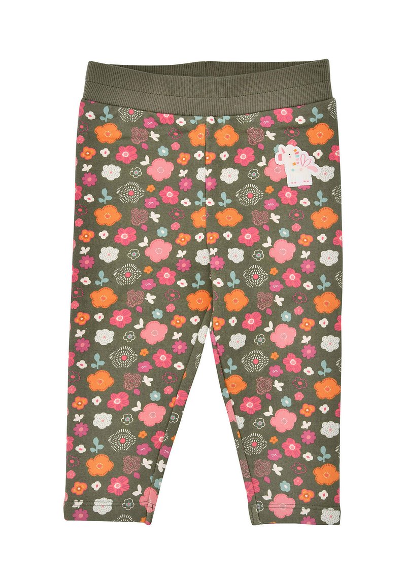 Blumige Leggings aus olivgrünem Baumwollstoff, mit rosa, orange und weißen Blumen, geripptem Bund und kleinen Elefanten-Patch-Details.