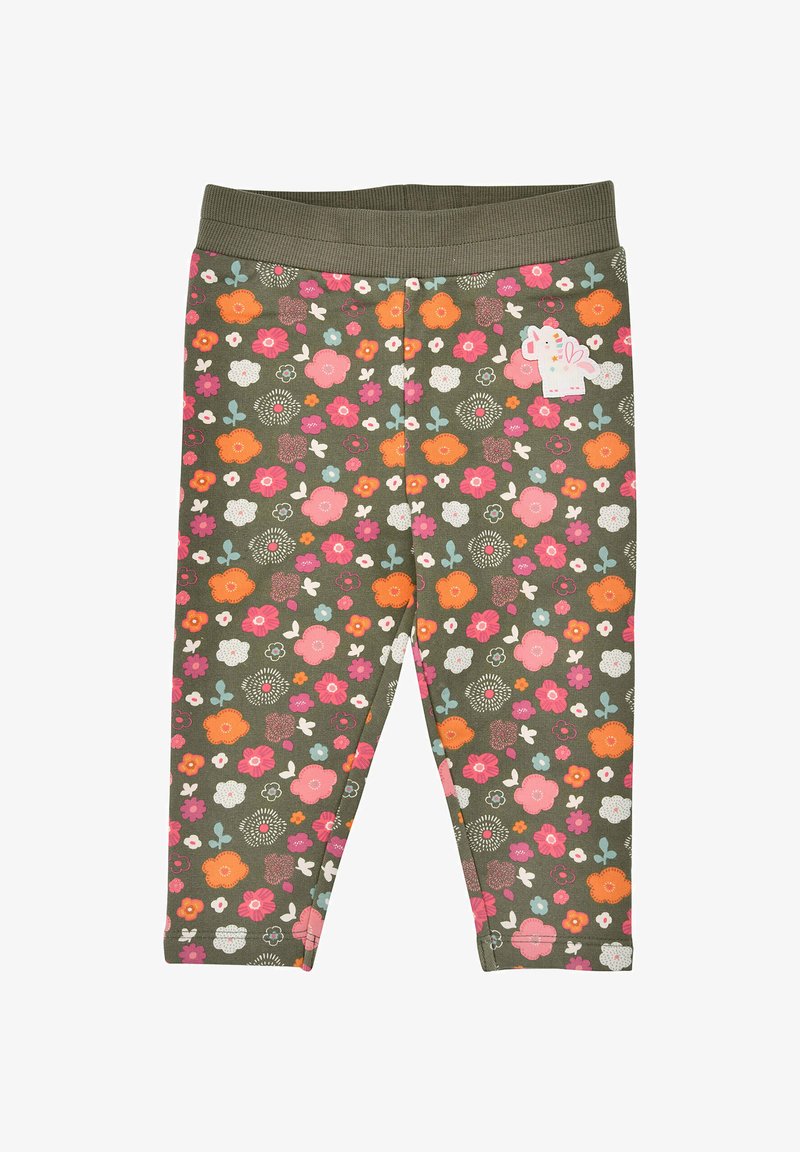 Blumige Leggings aus olivgrünem Baumwollstoff, mit rosa, orange und weißen Blumen, geripptem Bund und kleinen Elefanten-Patch-Details.