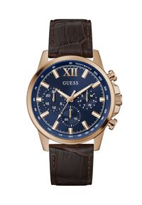 Orologio con tonalità oro rosa, quadrante blu scuro, indicatori delle ore bianchi e subquadranti cronografi; dotato di un cinturino in pelle marrone textured.