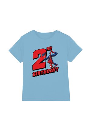 Light blue kids' t-shirt with red "2nd Birthday!" text and Spider-Man hanging upside down on a web.
