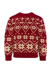 Maglione rosso lavorato a maglia con un motivo geometrico crema che presenta diamanti e fiocchi di neve, polsini a coste e design classico a girocollo.