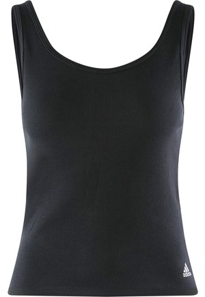 Zwarte geribde tanktop met een ronde hals en brede banden, voorzien van een klein wit Adidas-logo op de onderste zoom.