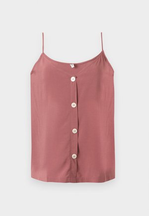 Mouwloos topje in stoffig roos met dunne bandjes en vier witte knopen middenvoor op een effen achtergrond.