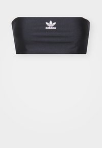 Černý bandeau top z hladké látky s malým bílým logem Adidas uprostřed. Klasický špagetový střih bez ramínek, minimalistický styl.