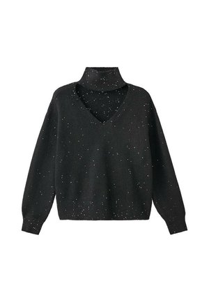 Czarny sweter w stylu pulower z wysokim kołnierzem i dekoltem w kształcie litery V. Posiada rozproszone białe plamki, ściągacze na rękawach oraz luźny krój. Wykonany z miękkiego teksturowanego materiału.