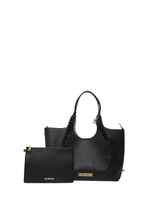 Borsa tote in pelle nera con manici corti e pochette abbinata con zip, entrambe con targhette dorate del marchio "Love Moschino".