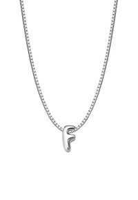 Sudraba ķēdes kaklarota ar veidotu burtu "F" piekariņu, gludu tekstūru un modernu dizainu ar pulētu apdari.