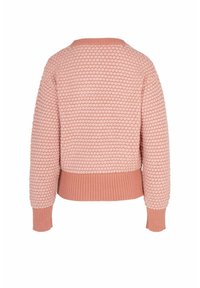Roze gebreide trui met een textuurpatroon, geribbelde mouwen en zoom, en een ronde halslijn, met een cropped silhouet.