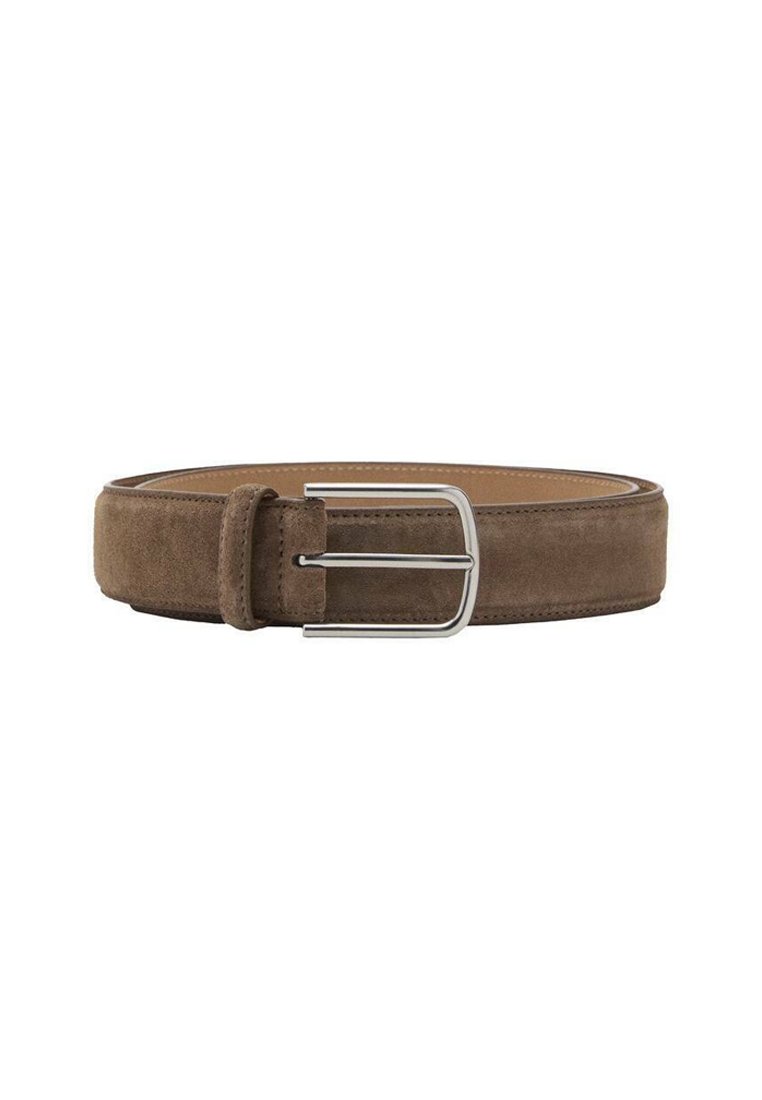 Brown suede belt with a silver rectangular buckle, featuring a smooth texture and clean design, suitable for casual or formal wear.