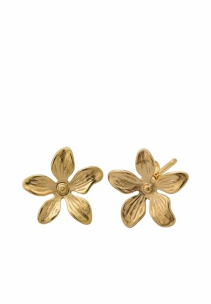 Boucles d’oreilles clous en métal couleur or, en forme de fleurs à cinq pétales avec des détails texturés sur les pétales et un petit point au centre.